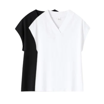 2 шт./лот, женские кофточки, женская одежда с коротким рукавом, черные, белые футболки для девочек, летняя одежда с V-образным вырезом, базовые женские рубашки