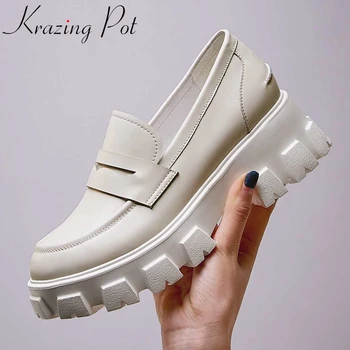 Krazing pot/2022 г., женские туфли-лодочки из натуральной кожи с круглым носком на высоком каблуке с толстой подошвой в простом стиле, без застежки с глубоким вырезом, базовые женские туфли-лодочки L7f3