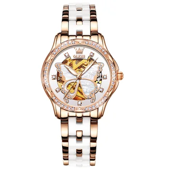 OLEVS Лидирующий бренд, Механические женские часы, Модные Швейцарские Роскошные Брендовые Женские наручные часы С Автоматическим Кожаным ремешком, подарок