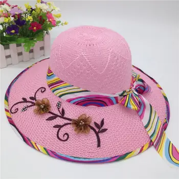 Декоративная шляпа с бантом и цветочной строчкой, Складная соломенная шляпа с широкими полями, аксессуары для костюмов, дорожная кепка с защитой от ультрафиолета
