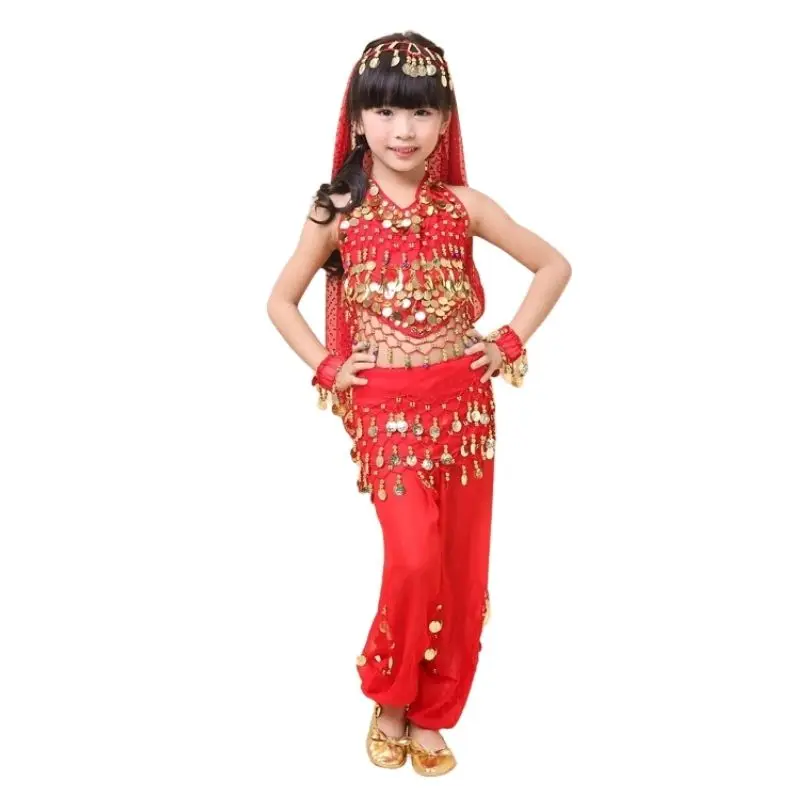 Детский костюм для танца живота, Индийский набор, Детская одежда для выступлений, 3 цвета, 5 шт./компл.