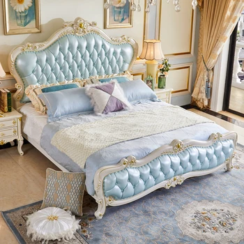 Европейский стиль, массив дерева, роскошная двуспальная кровать из воловьей кожи первого слоя, 1,8 м, супружеская кровать, кровать в главной спальне, белая