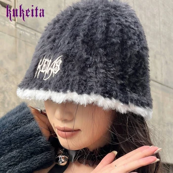 Женские шапки-бини Kukeita Harajuku в стиле панк с милым медвежонком, Осенне-зимняя теплая вязаная шапка, Корейская шикарная уличная одежда
