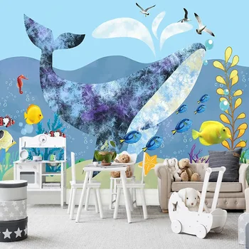 Изготовленный на заказ 3D мультфильм, свежий и элегантный Синий Кит, фон для детской комнаты, обои для рабочего стола Для спальни, домашний декор