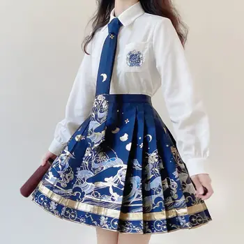 Китайская традиционная одежда hanfu винтажный костюм JK с принтом юбка для народных танцев с золотым тиснением улучшенная короткая юбка hanfu Horse face