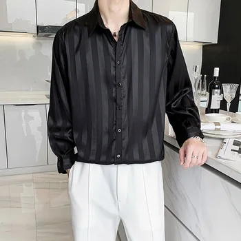 Корейский стиль, дизайн в вертикальную полоску, повседневная рубашка с длинными рукавами в стиле Харадзюку на пуговицах для мужчин, черный, белый