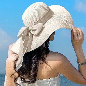 Летняя Женская Соломенная шляпа с бантом и широкими полями, Гибкие Панамы, Женская Уличная Складная Пляжная солнцезащитная кепка