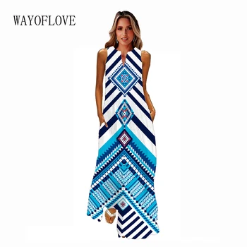 Модное длинное летнее платье WAYOFLOVE, винтажное повседневное пляжное платье без рукавов с V-образным вырезом, Элегантные платья в полоску, синие платья Макси с принтом, вечерние