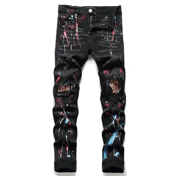 Мужские модные джинсы в стиле хип-хоп, готические брюки, calca rock, мотоциклетные рваные мужские узкие джинсы с принтом