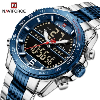 Роскошные мужские цифровые спортивные часы NAVIFORCE, стальные водонепроницаемые часы с хронографом, Модные Светящиеся кварцевые наручные часы, Мужские